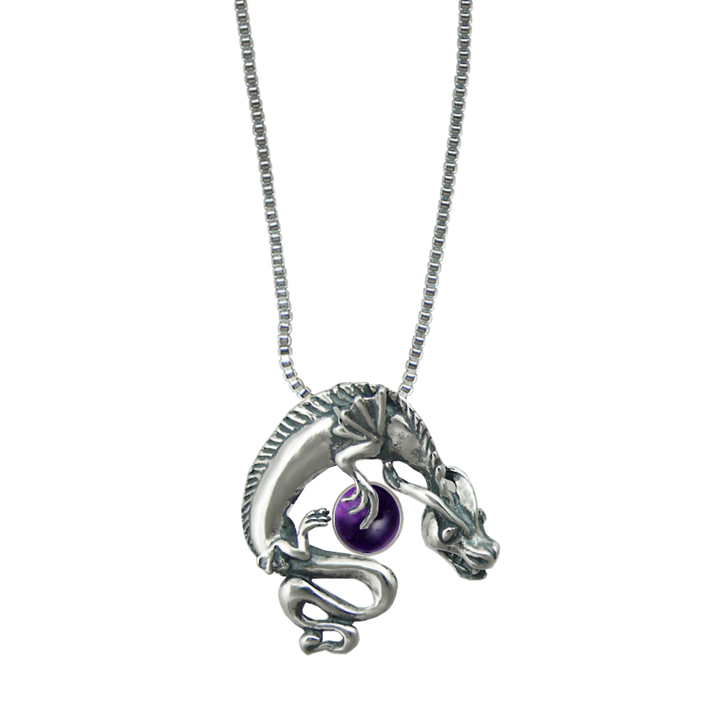 Sterling Silver Playful Dragon Pendant With Amethyst